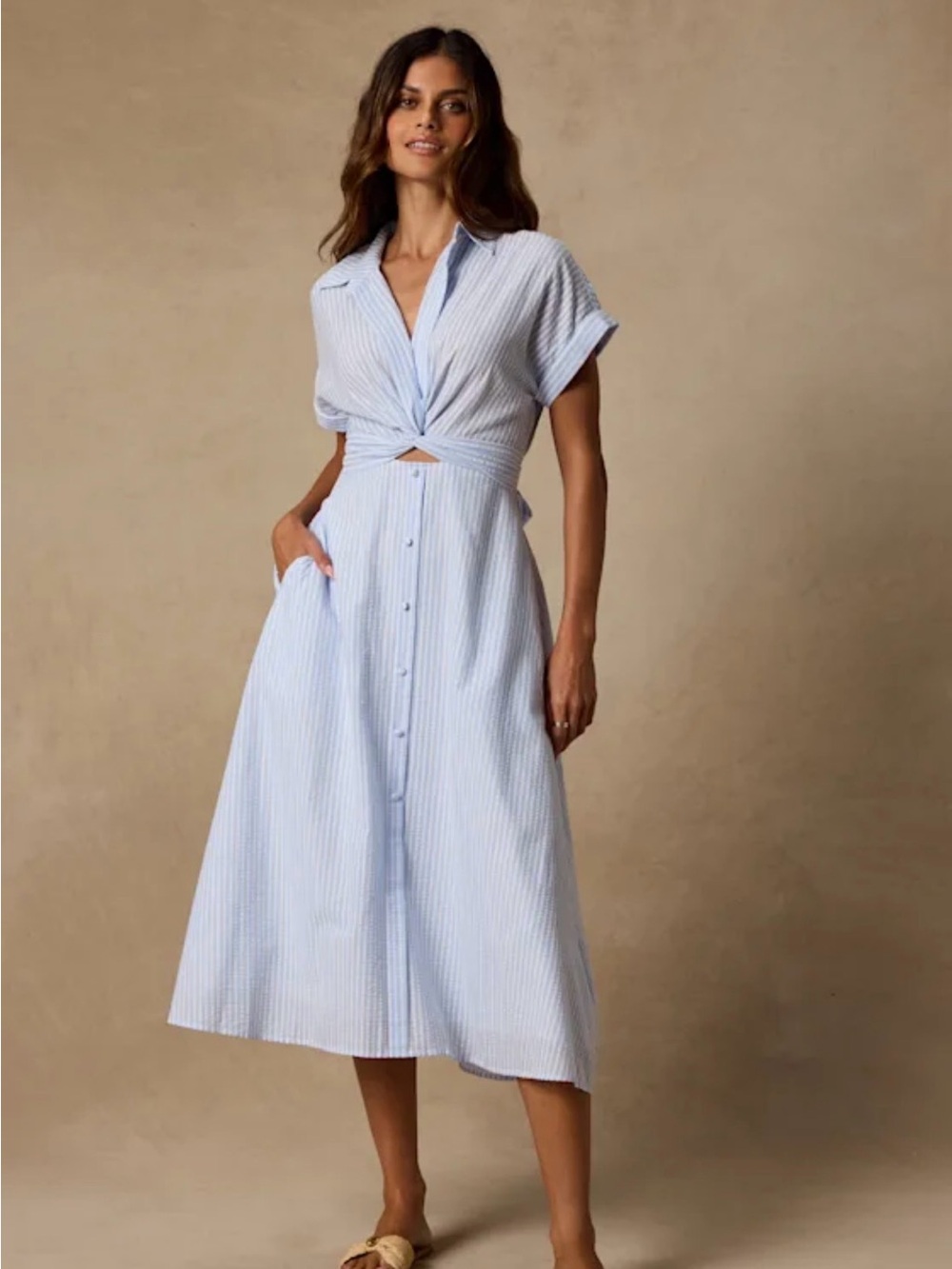 Lulu's Adorable Impression Light Blue Striped Twist-Front Midi Dress - XS - NWT